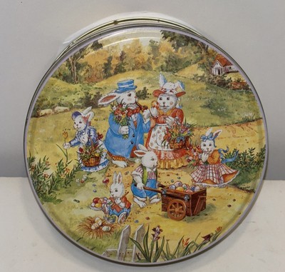 Vintage Greek Colorful Easter Bunny Rabbits Empty Cookie Tin Container Box