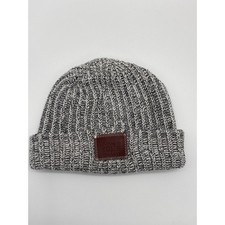 Love Your Melon Knit Beanie Hat Grey Black Speckled Leather Patch