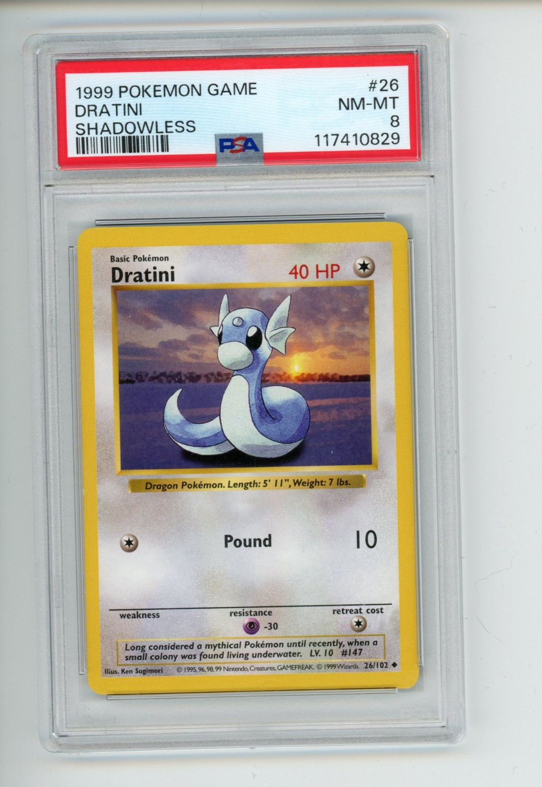 1999 Pokemon Base Set Dratini 26/102 Unlimited Shadowless PSA 8 NM-MT