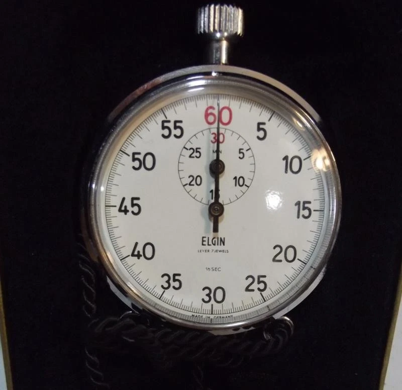 Reloj cronómetro Elgin 7 joyas de colección nuevo de colección hecho en Alemania en caja original con cerramientos Foto 2 de 4