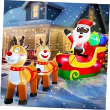 8 Ft Long Christmas Inflatables Black Santa Claus On Sleigh with Reindeer 