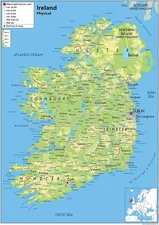 Ireland Physical Map - 16.5 x 23.3 inches - Paper Laminated
