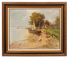 Laszlo Neogrady (Hungarian, 1896-1962) Fisherman's Cove w/ Geese Oil on Canvas