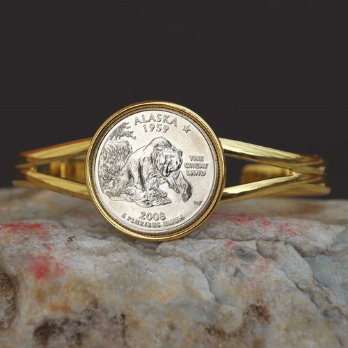 US 2008 Alaska State Quarter Coin Gold Plated Cuff Bracelet - Beautiful - Picture 6 of 6