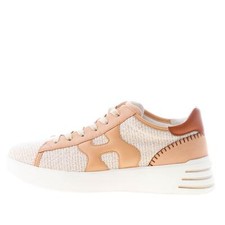 Hogan scarpe donna H564 Sneaker Rebel nabuk e tessuto bouclè cammello e marrone.