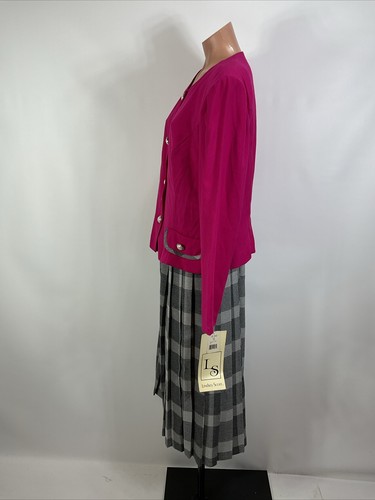 Vintage 80s Lindsey Scott Pink Embellished Blazer Plaid Pleated Skirt Suit NEW!! - Picture 7 of 17