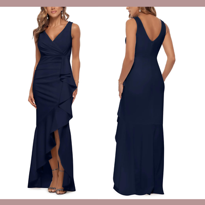 Betsy & Adam Ruffled High-Low Gown - Navy - Size 12 Betsy & Adam Ruffled High-Low Gown - Navy - Size 12