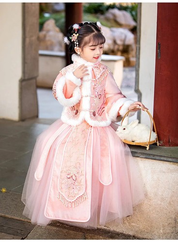 Winter Warm Embroiderd Girl Hanfu Chinese Tradition Wedding Flower Girl Dress - Picture 23 of 35
