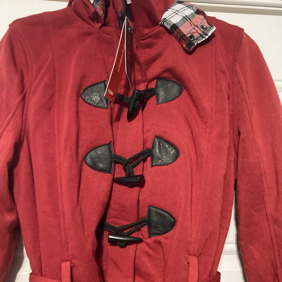 New Yoki Womens Large Jacket Sherpa Lined Hooded Belted Toggle Zip Fleece Red - Image 3 of 4