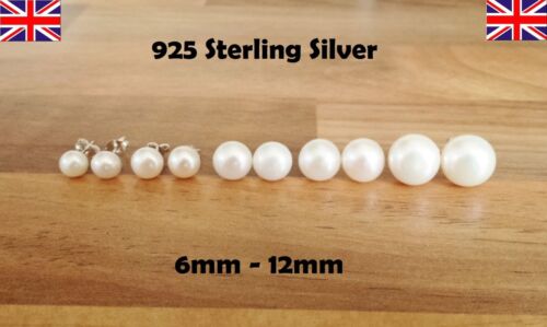 925 Sterling Silver - Genuine Freshwater Pearl White Stud Earrings - 6 - 12mm - Photo 1 sur 8