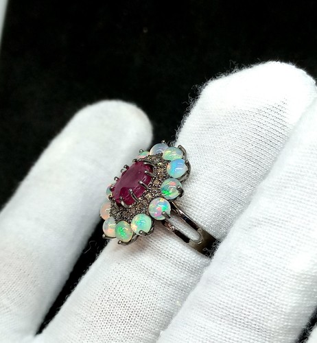 925 Silver Natural Fire Opal Ring Real Diamond Ring, Engagement Ring, Ruby Ring - Picture 3 of 4