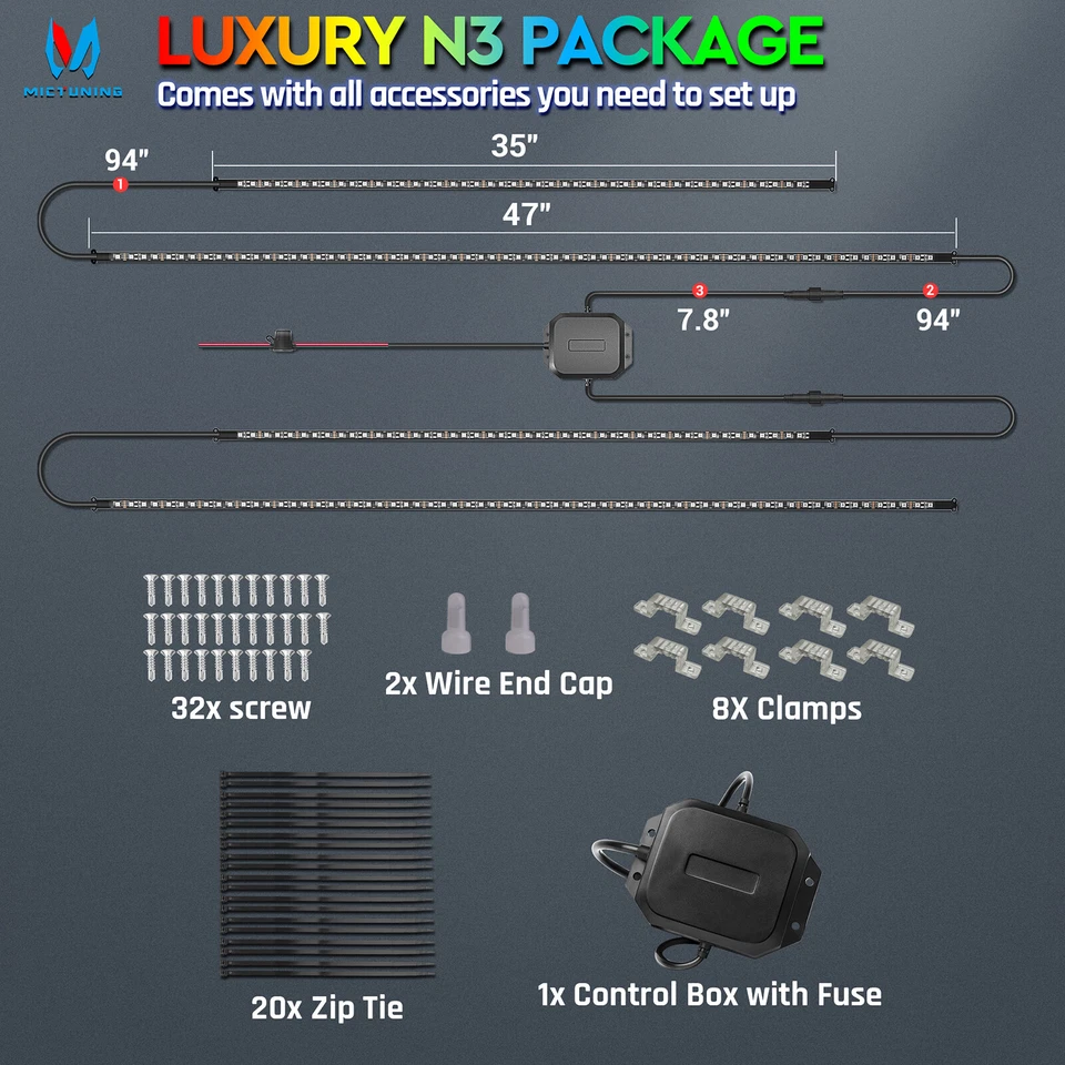 MICTUNING RGB+IC Dream Color Underglow LED Neón Kit Tira de Luz para Coche Camión Foto 3 de 4