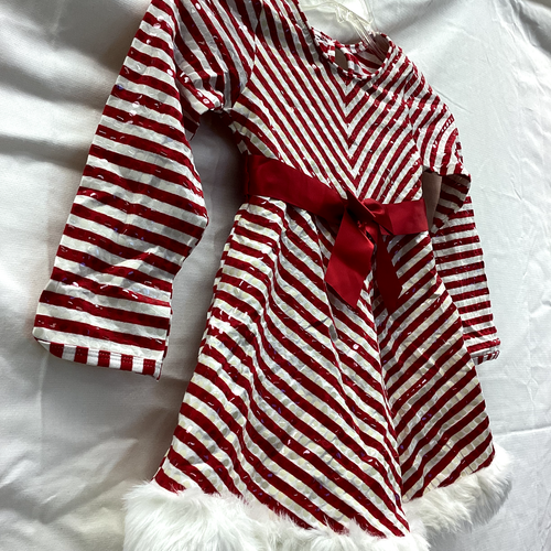 Bonnie Jean Red White Stripe Holiday Christmas Fur Trim dress Girls Sz 7 - Picture 2 of 7