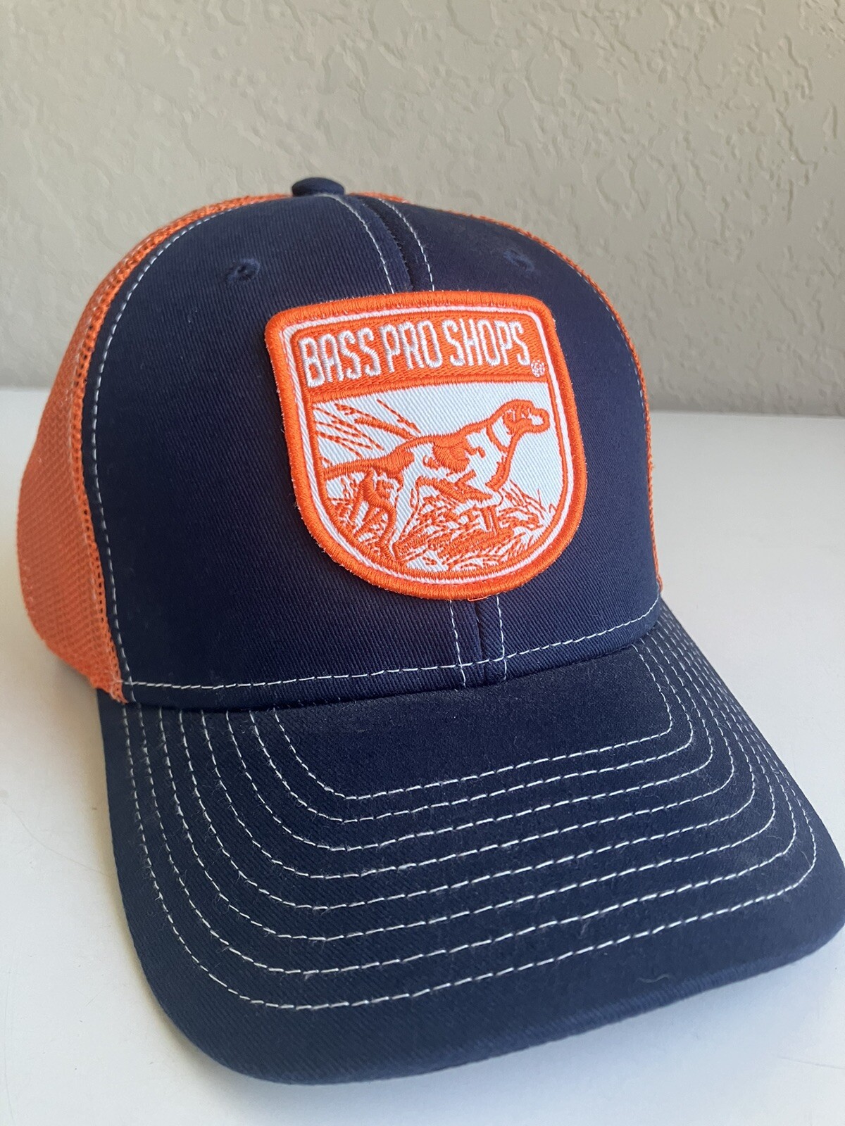 Bass Pro Shops Hunting Dog Adjustable Trucker Cap Hat Snap Back Orang Blue NOS