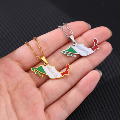 Stainless Steel Mexican Map And Flag Necklace For Men And Women Couple