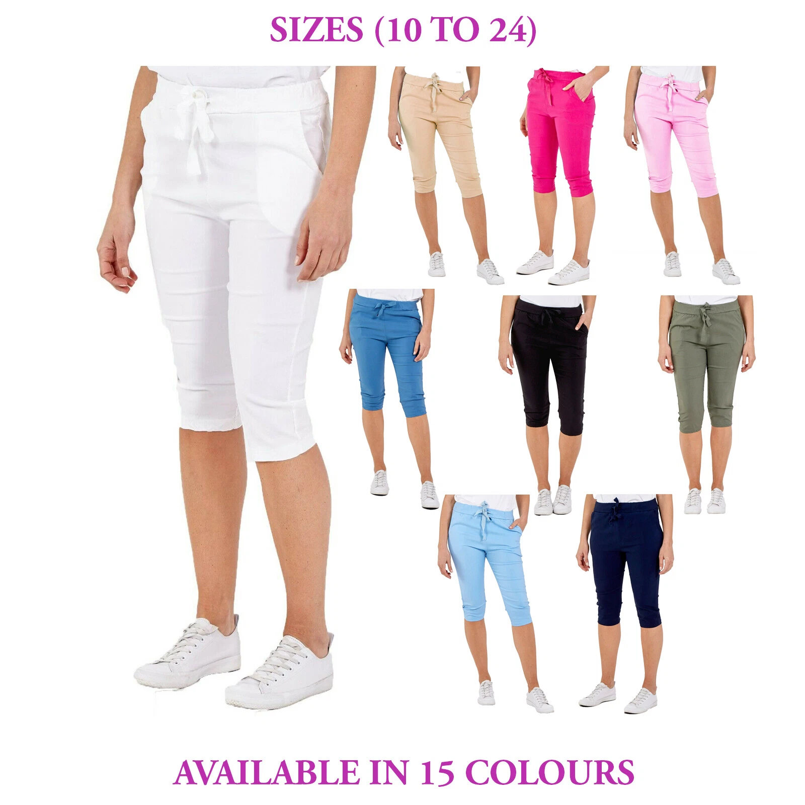 Ladies Womens Casual Stretch Cycling Shorts Summer Knee Length Pants Sizes10-22