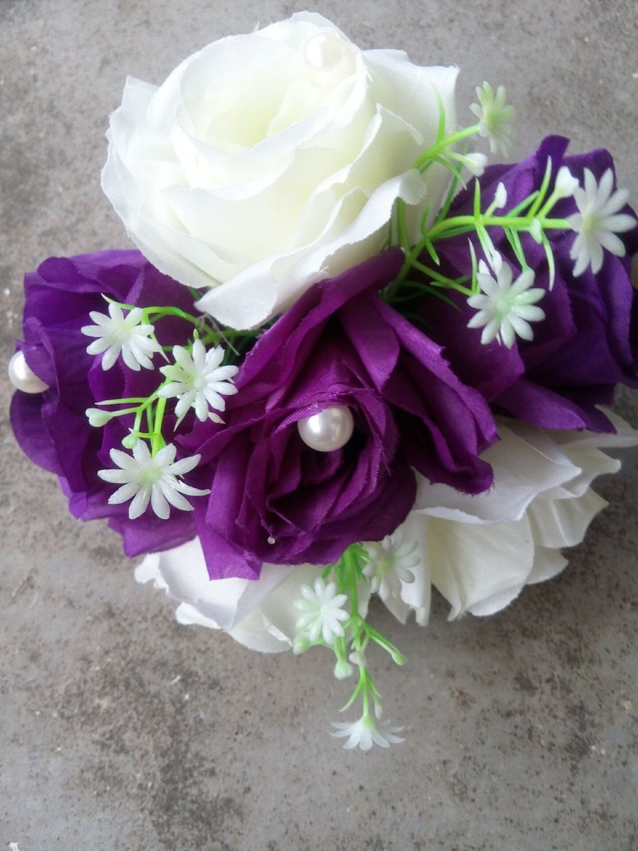 2 Attaches Pour Rideaux Avec Fleurs Roses Et Perles - Violet Et Ivoire, NEUVES