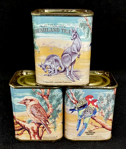 3 x Vintage AUSTRALIAN BUSHLAND TEA Tins Rosella Koala Kookaburra Kangaroo