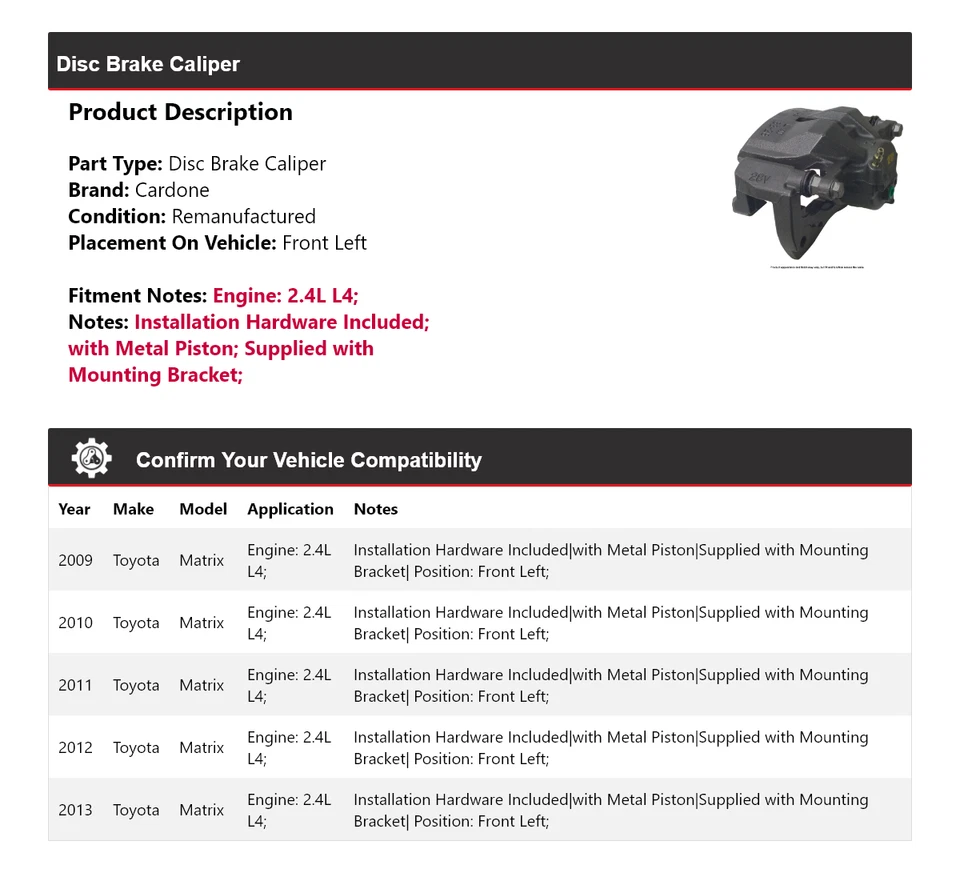 Pinza de freno de disco delantera izquierda Cardone 2010 para Toyota Matrix 2009-2013 2,4 L L4 Foto 2 de 4