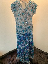 Vintage cute cotton 2 piece top and skirt set ruffles one size turquoise purple