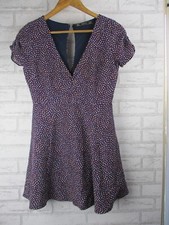 Zara Trafaluc womens skater dress blue cream maroon dress M deep v-neck
