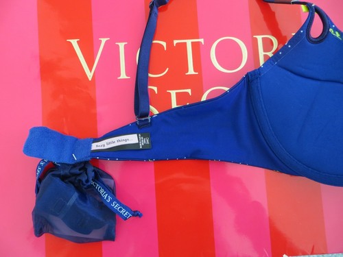 NWT - Victoria Secret Gorgeous pushup bra 34C - blue, white polka dots, roses - Picture 6 of 7