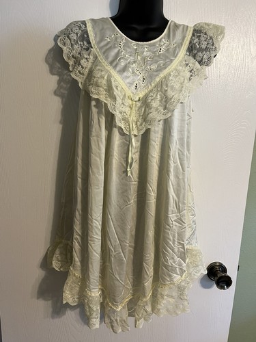 Vintage Shadowline Nightgown Yellow Satin And Lace Size Small
