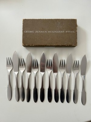 Georg Jensen Edelstahl Mitra/Canute 6er Set Fischmesser und Gabeln. Vintage.