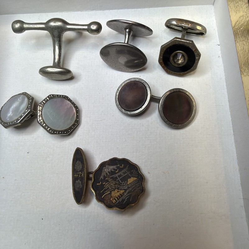 Vintage Lot 6 Single Antique MOP  Damascene, Swank & Unmarked Cufflinks