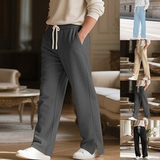 Men Casual Trousers Solid Jacquard Fabric Straight Leg Drawstring Pants