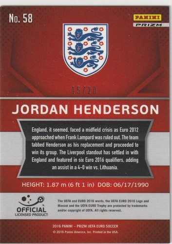 PANINI PRIZM EURO 2016 JORDAN HENDERSON LIVERPOOL 15/20 ORANGE REFRACTOR MINT - Picture 2 of 2