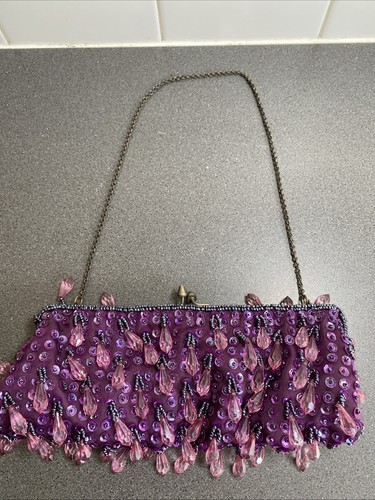 Vintage Mollini Purple Beaded & Sequined CLUTCH PURSE 24x10cm