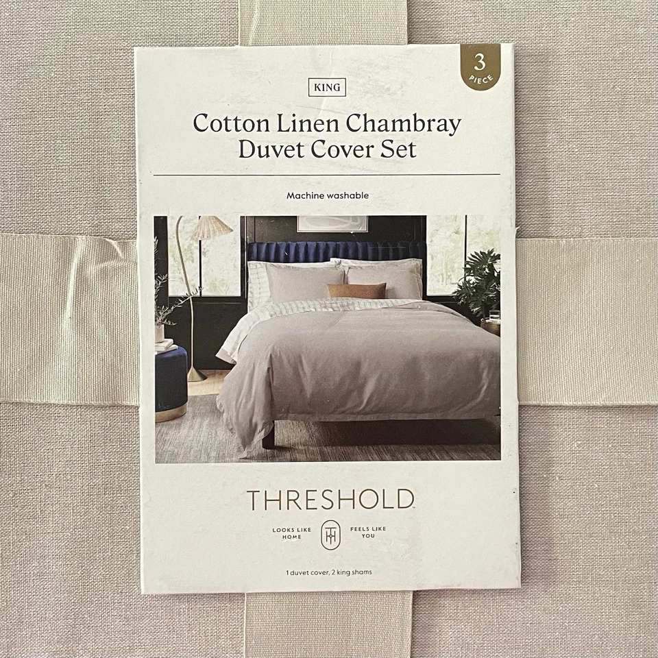 King Linen Blend Duvet Cover and Sham Set Khaki Beige Chambray by Threshold NEW - Image 2 of 4