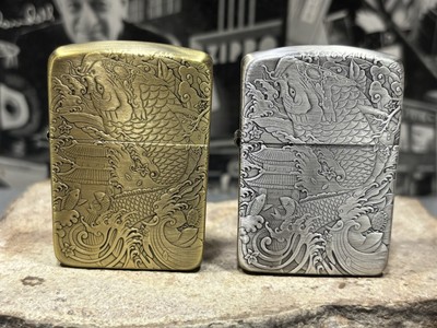 2 Set Zippo Lighter 2-side Brass & silver fish And Dragon Lighter
