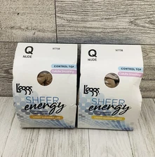 2 L'eggs Control Top Sheer Energy Light Support Pantyhose Cellulite Size Q NUDE