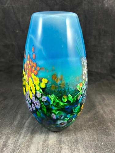 Jarrón de vidrio Shawn Messenger Millefiori serie paisaje flores arte 9,5 pulgadas de alto - Imagen 5 de 9