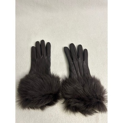 Luxury Winter Fownes Womens Medium Brown Leather Shearling Fur Cuff Gloves