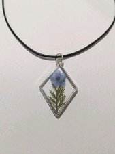 Forget Me Not Silver Tone Pendant Necklace Boho Botanical Pressed Flower Gift