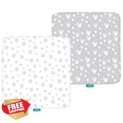 Biloban Playard Sheets Grey Stripes Hearts 2-Pack