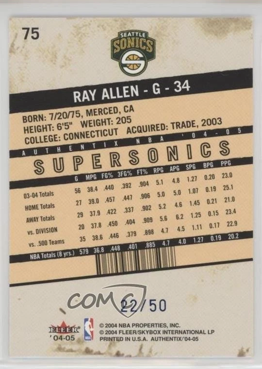 2004-05 Fleer Authentix Mezzanine /50 Ray Allen #75 HOF - Image 2 of 2