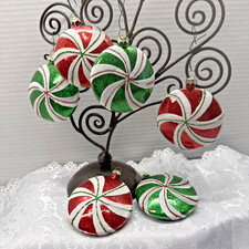 Set of 6 Red Green Peppermint Candy Glass Glitter Christmas Ornaments
