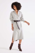 Ética Daria 100% brushed cotton shirt dress high leg slits deep v neck SMALL