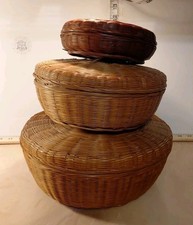 Woven Rattan Lidded Nesting Storage Baskets Set 3 Boho Farmhouse Primitive Vnt.