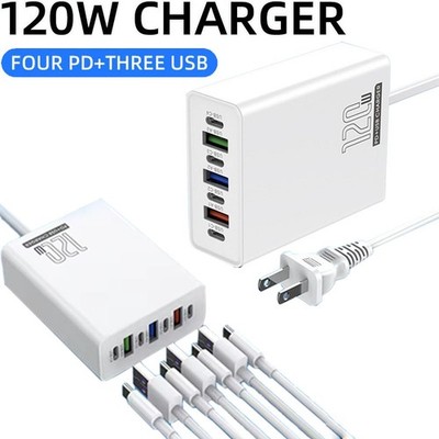 120W 6-Port USB C Fast Wall Charger Block Charging Station for Multiple Devices