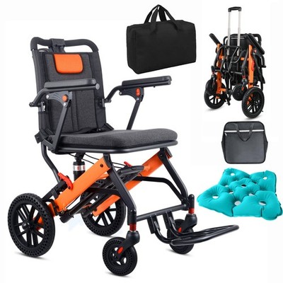 12 kg Folding Lightweight Wheelchair with Telescopic Handle, Oversized Backpack