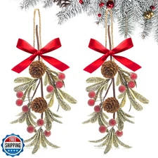 EZMeetU 2 Pack Christmas Mistletoe Decor With Red Ribbon Bow Berry, 10 in Art