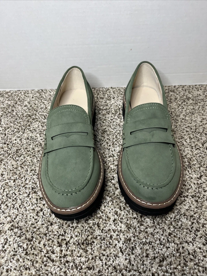 Penny Loafers Womens 38 US 7.5 Green Suede Chunky Platform Slip On Casual Shoes - Image 3 of 4