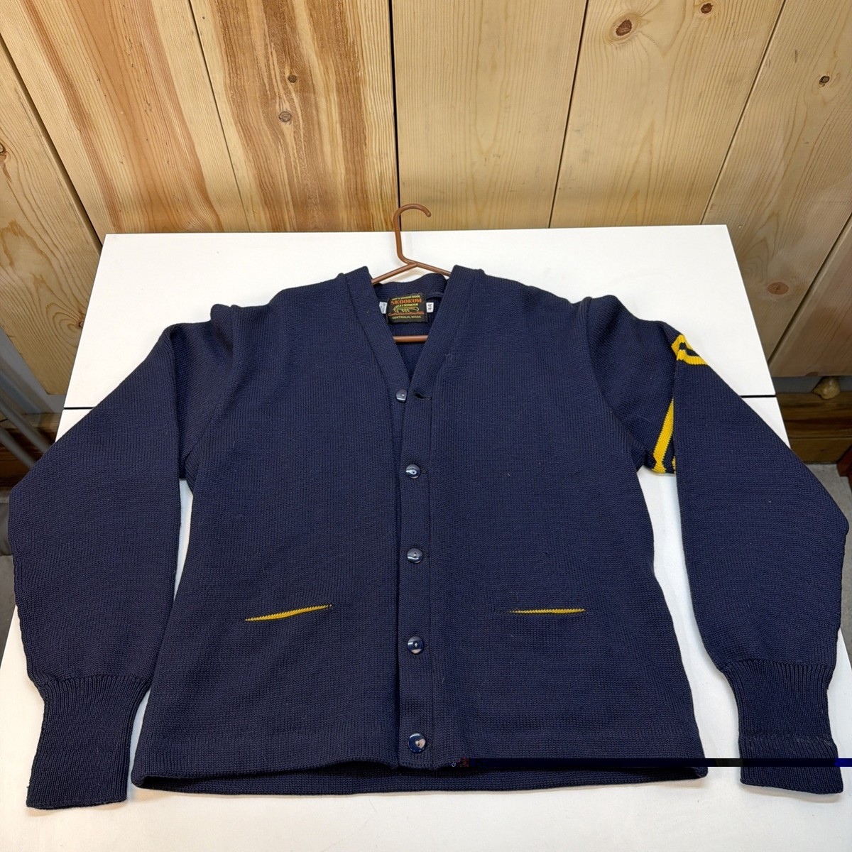 Vintage Skookum Letterman Cardigan Men’s Size 44 Heavy Wool Blue And Yellow