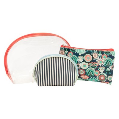 Sage & Emily 3 Piece Vinyl Travel Cosmetic Bag Set, Clear/Coral/White/Blue
