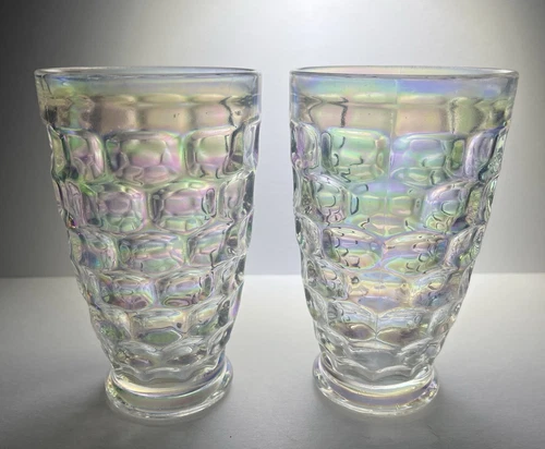 Set of 2 Vintage Federal Glass Iridescent Colonial Thumbprint 12 oz Tumblers